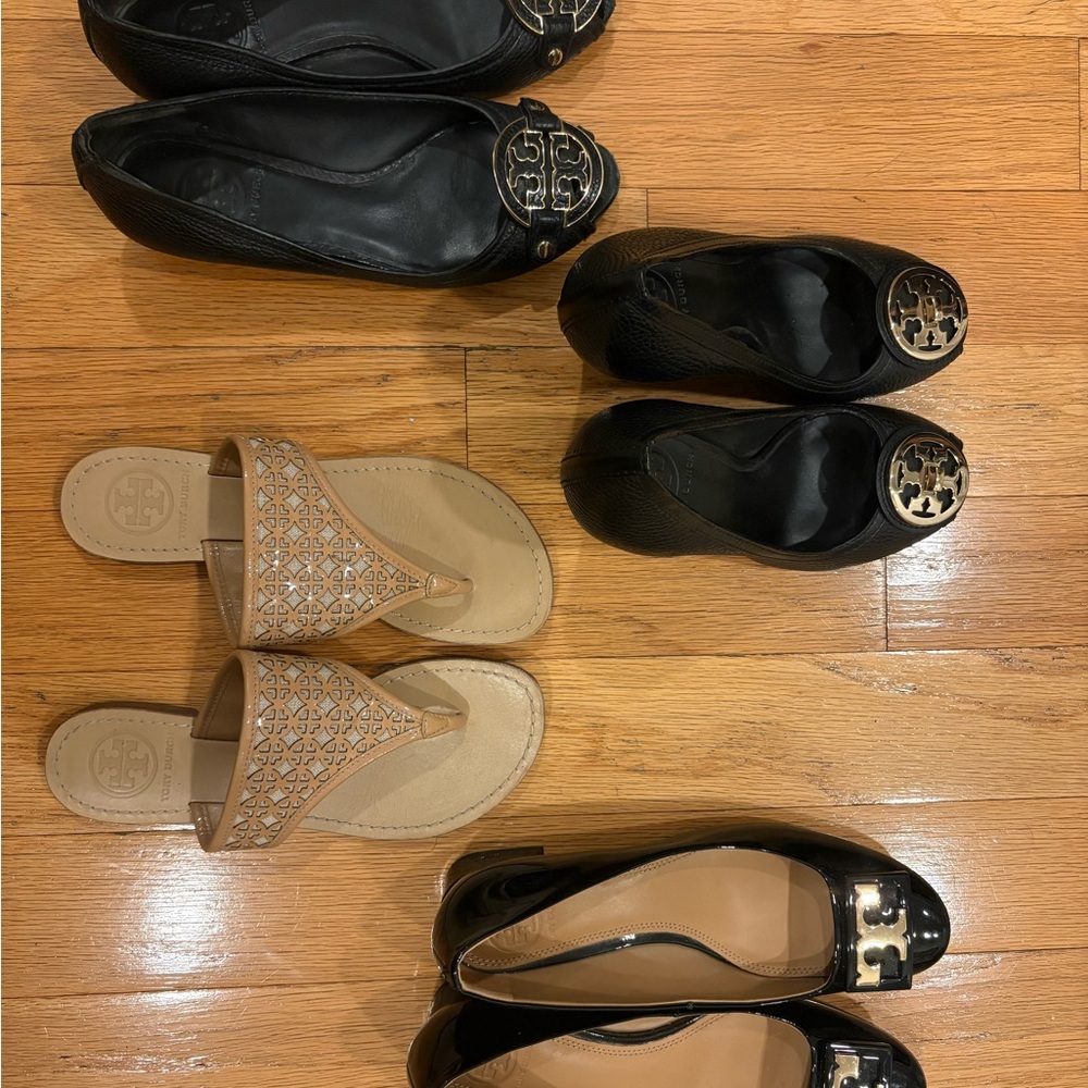 4 Pairs of Tory Burch Shoes - Black Heels/Wedges and Tan Sandals